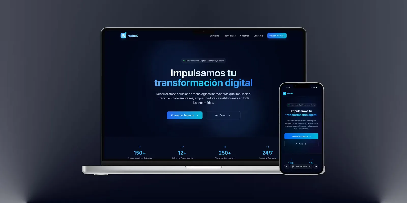 NubeX — Sitio para una empresa de tecnología y transformación digital: técnico, veloz y directo.