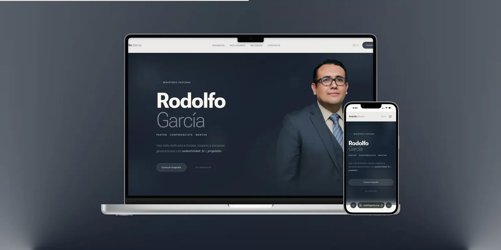 Rodolfo García — Sitio a medida para un pastor y conferencista, migrado desde WordPress: sobrio, bilingüe y con editor propio para publicar reflexiones.